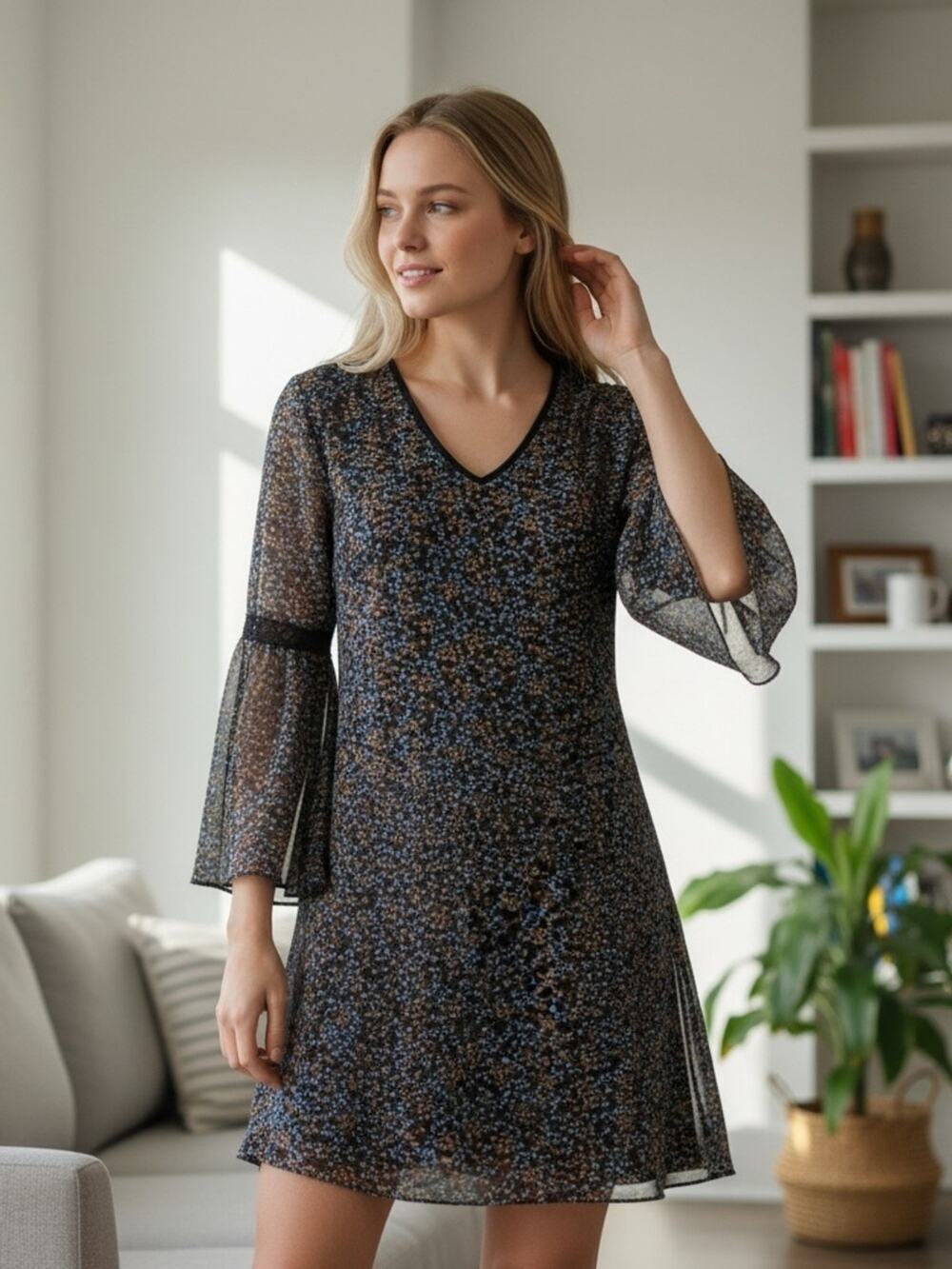 CABI Women’s Medium floral print sheer bell sleeve Poise Dress